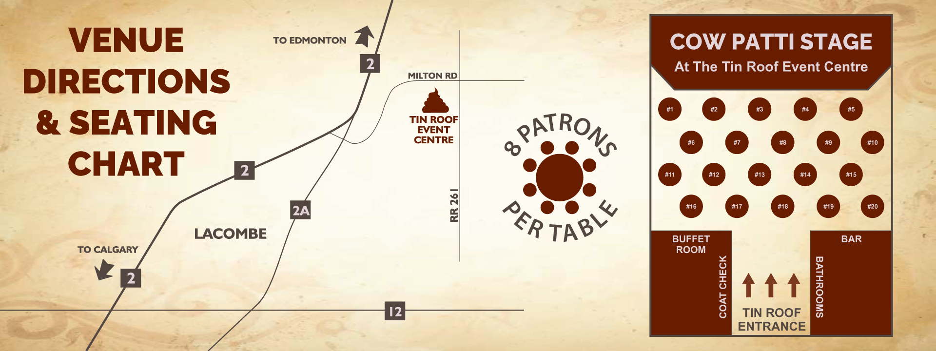 Cow Patti Venue Directions & Seating at Tin Roof Event Centre
